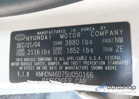 2005 Hyundai Elantra Gls/Gt z USA, uszkodzony, nr VIN KMHDN46D75U050166